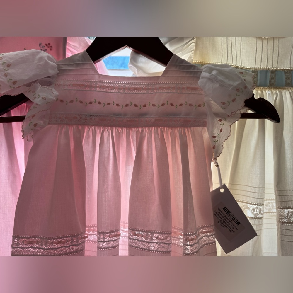 pink dress w white lace and floral, embroidered white sleeves & insertion